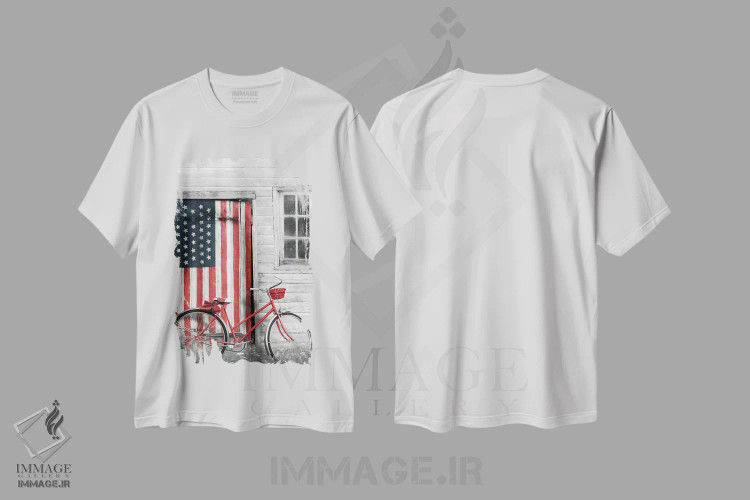 تیشرت سفید طرح دار دوچرخه میهن پرستانه، دکور آمریکایی اثر لری دیتِر | فروشگاه ایماژ