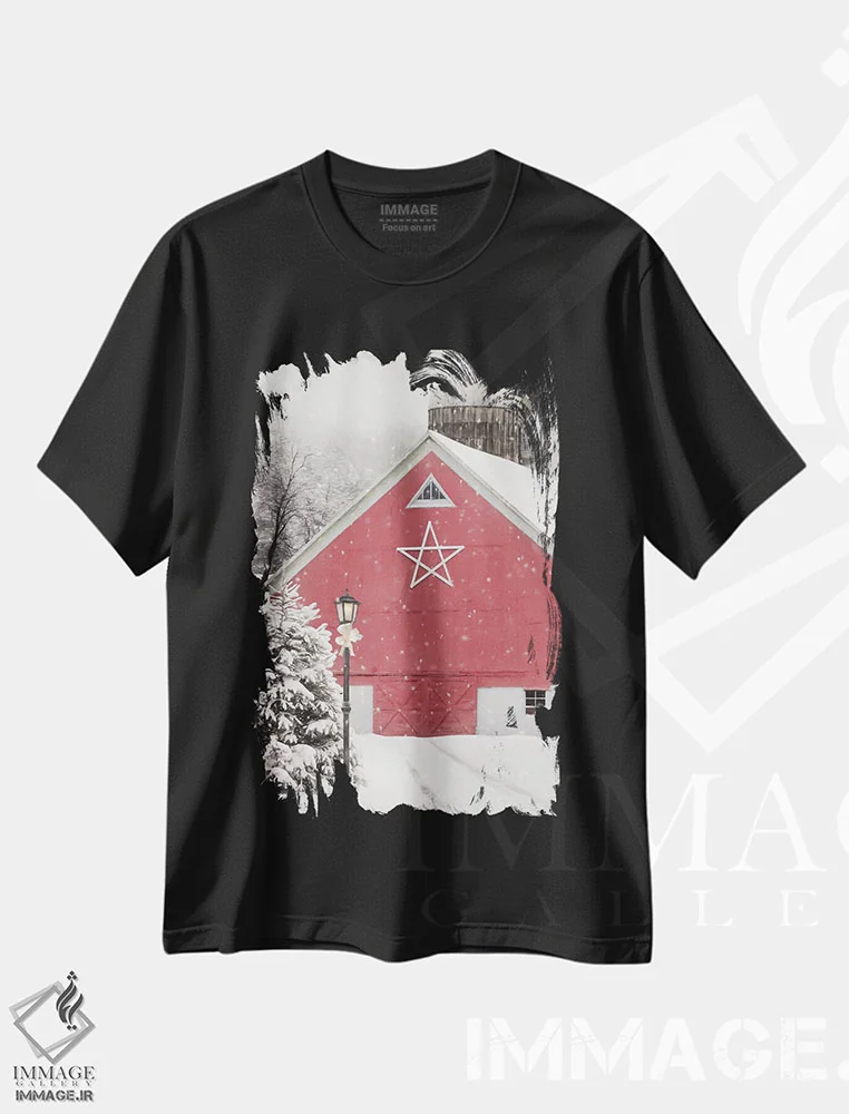 تیشرت مشکی طرح دار اصطبل ستاره قرمز، دکور روستایی اثر لری دیتِر | فروشگاه ایماژ