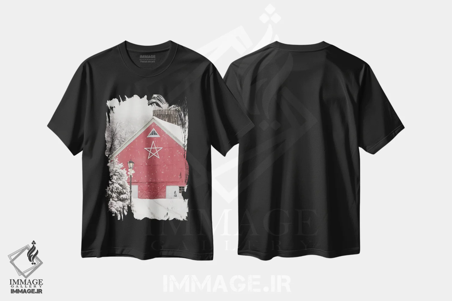 تیشرت مشکی طرح دار اصطبل ستاره قرمز، دکور روستایی اثر لری دیتِر | فروشگاه ایماژ