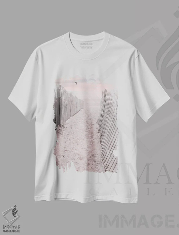 تیشرت سفید طرح دار طلوع ساحل صورتی، دکور ساحلی اثر لری دیتِر | immage.ir
