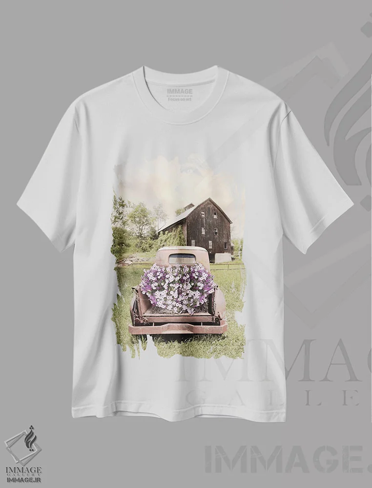 تیشرت سفید طرح دار "کامیون پتونیا"، دکور روستایی اثر لری دیتِر | فروشگاه ایماژ