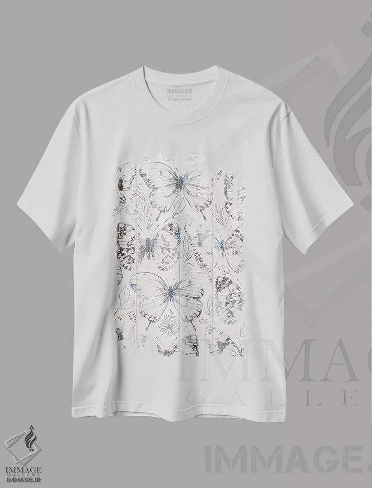تیشرت سفید طرح دار "پروانه های مزرعه هر روز ۱"، آبستره اثر لونی هریس | فروشگاه ایماژ