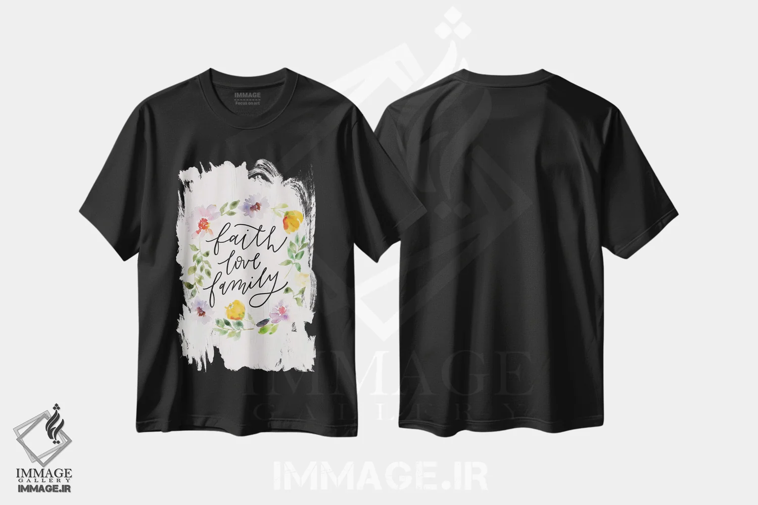 تیشرت مشکی طرح دار "ایمان، عشق، خانواده"، تزئینی اثر لونی هریس | immage.ir