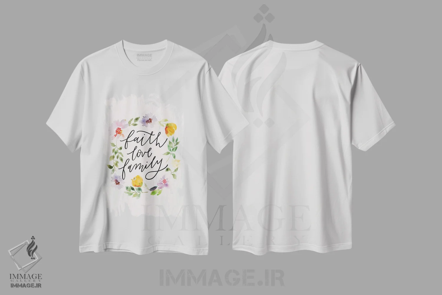 تیشرت سفید طرح دار "ایمان، عشق، خانواده"، تزئینی اثر لونی هریس | فروشگاه ایماژ