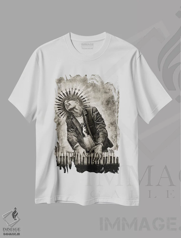 تیشرت سفید طرح دار "درون موسیقی"، هنر فاخر معاصر اثر لیت او'مالی | فروشگاه ایماژ