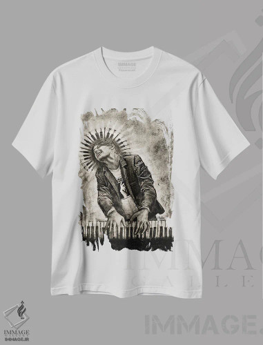 تیشرت سفید طرح دار "درون موسیقی"، هنر فاخر معاصر اثر لیت او'مالی | فروشگاه ایماژ