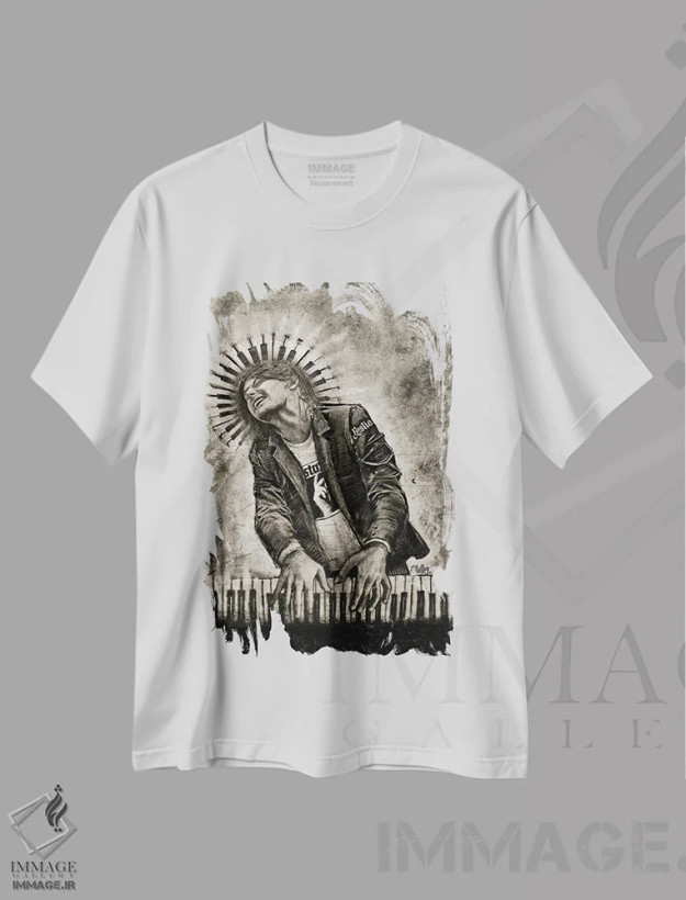 تیشرت سفید طرح دار "درون موسیقی"، هنر فاخر معاصر اثر لیت او'مالی | فروشگاه ایماژ