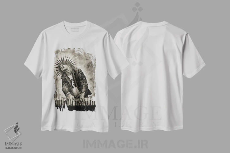 تیشرت سفید طرح دار "درون موسیقی"، هنر فاخر معاصر اثر لیت او'مالی | فروشگاه ایماژ