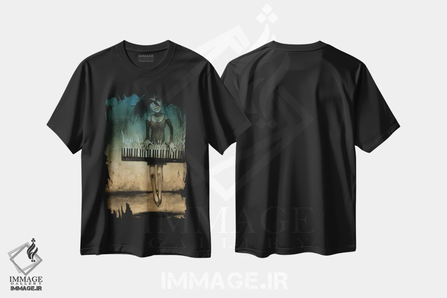 تیشرت مشکی طرح دار "سوزاندن کلیشه"، هنر فاخر معاصر اثر لیت او'مالی | فروشگاه ایماژ