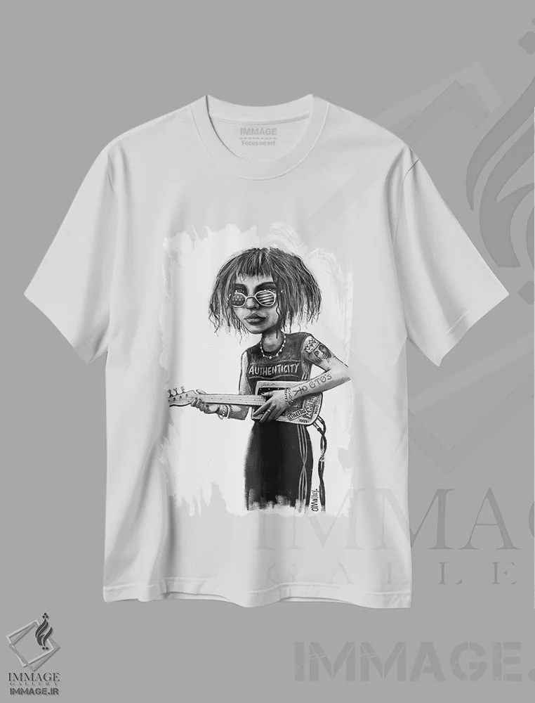 تیشرت سفید طرح دار "اصالت"، نقاشی و تصویرگری سیاه و سفید اثر لیت او'مالی | فروشگاه ایماژ