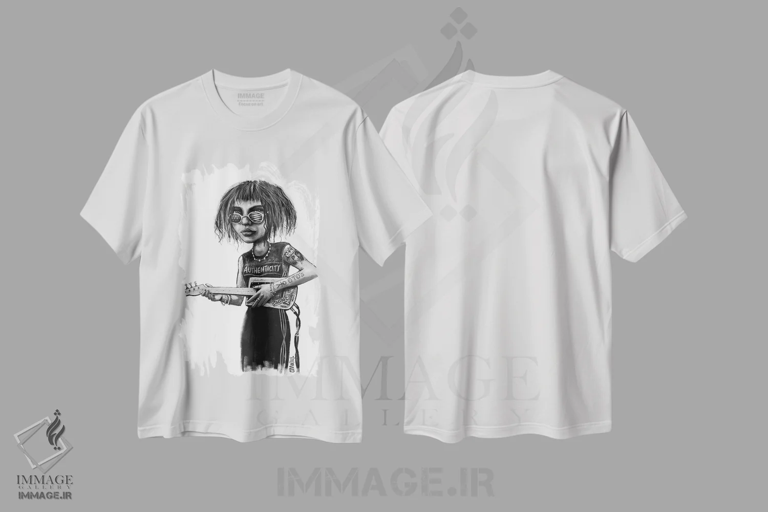 تیشرت سفید طرح دار "اصالت"، نقاشی و تصویرگری سیاه و سفید اثر لیت او'مالی | فروشگاه ایماژ