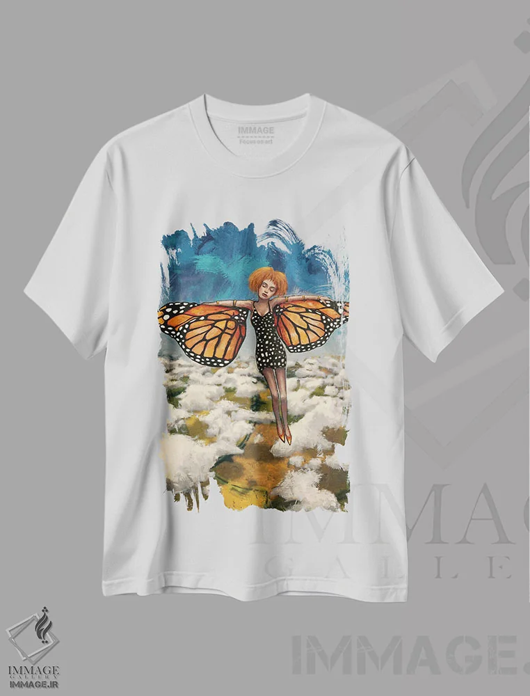 تیشرت سفید طرح دار "دختر پروانه"، هنر فاخر معاصر اثر لیت او'مالی | immage.ir