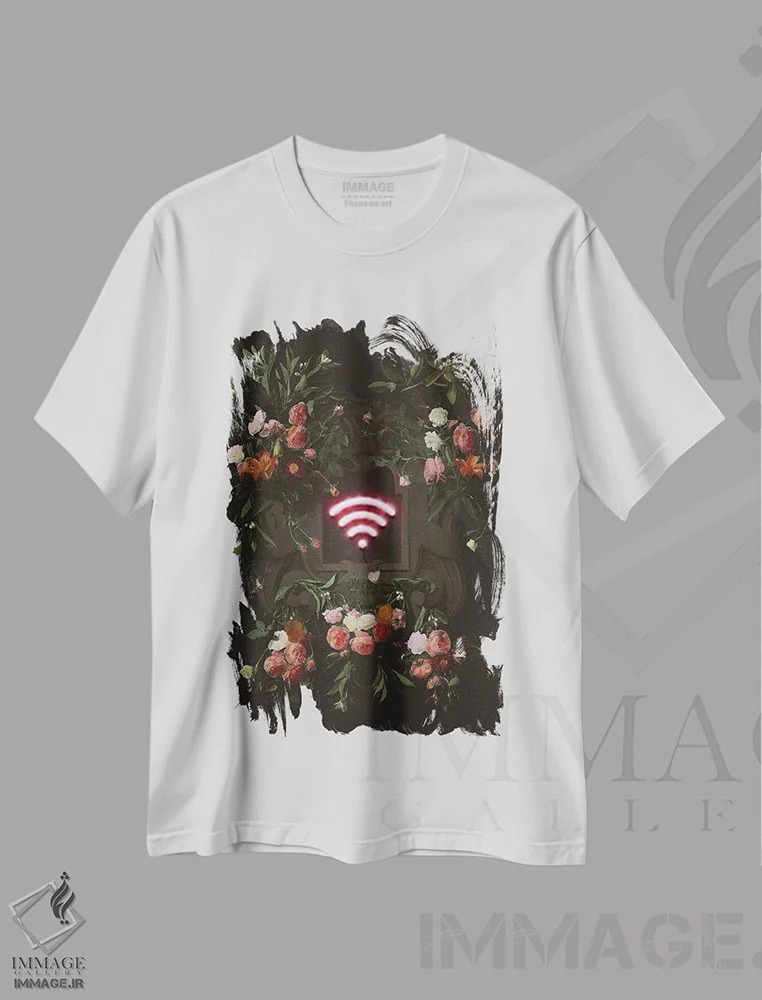 تیشرت سفید طرح دار "گل های وای فای"، تزئینی اثر یوناس لوس | فروشگاه ایماژ