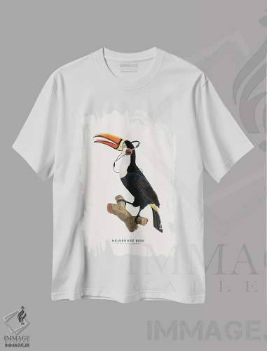 تیشرت سفید طرح دار "پرنده هدفون"، دکوراسیون جایگزین اثر یوناس لوس | فروشگاه ایماژ