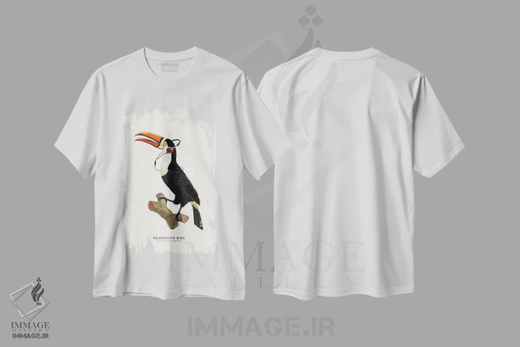 تیشرت سفید طرح دار "پرنده هدفون"، دکوراسیون جایگزین اثر یوناس لوس | فروشگاه ایماژ