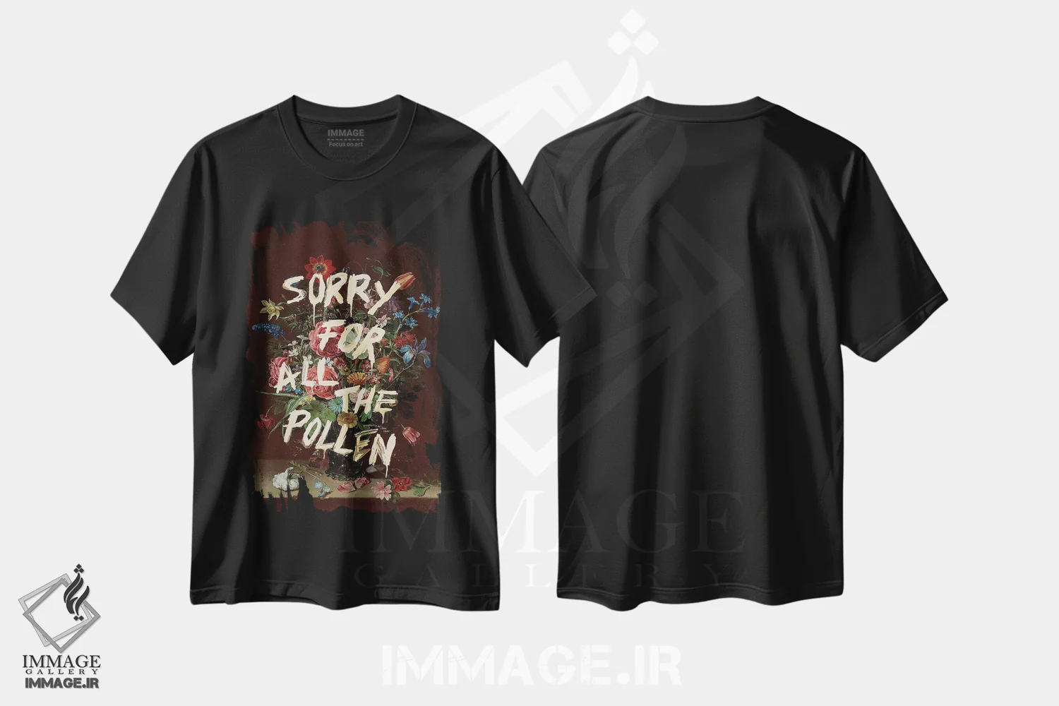 تیشرت مشکی طرح دار "بابت تمام گرده ها متاسفم"، هنر فاخر معاصر اثر یوناس لوس | فروشگاه ایماژ