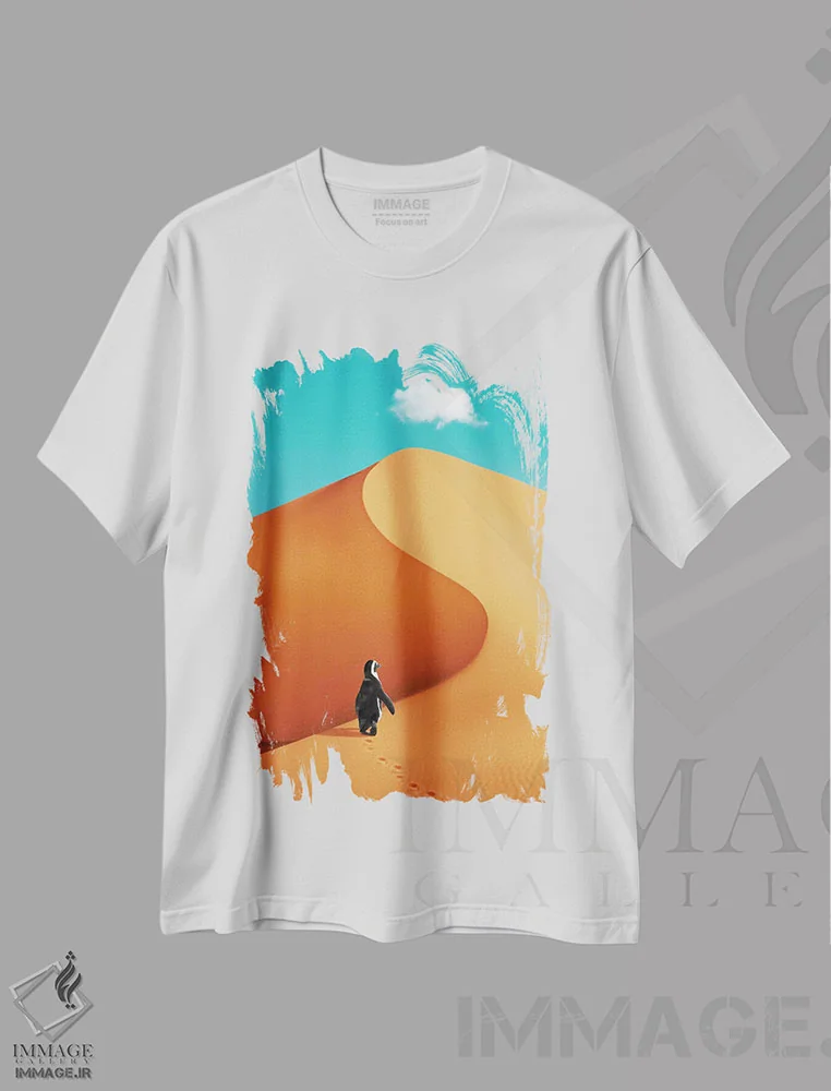 تیشرت سفید طرح دار – تیشرت طنز حیوانات ,"پنگوئن در تعطیلات" اثر یوناس لوس فروشگاه ایماژ