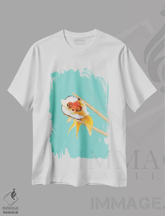 تیشرت سفید طرح دار – تیشرت پاپ آرت ,"ماهی گلی سوشی" اثر یوناس لوس immage.ir