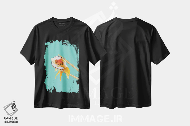 تیشرت مشکی طرح دار – تیشرت پاپ آرت ,"ماهی گلی سوشی" اثر یوناس لوس فروشگاه ایماژ