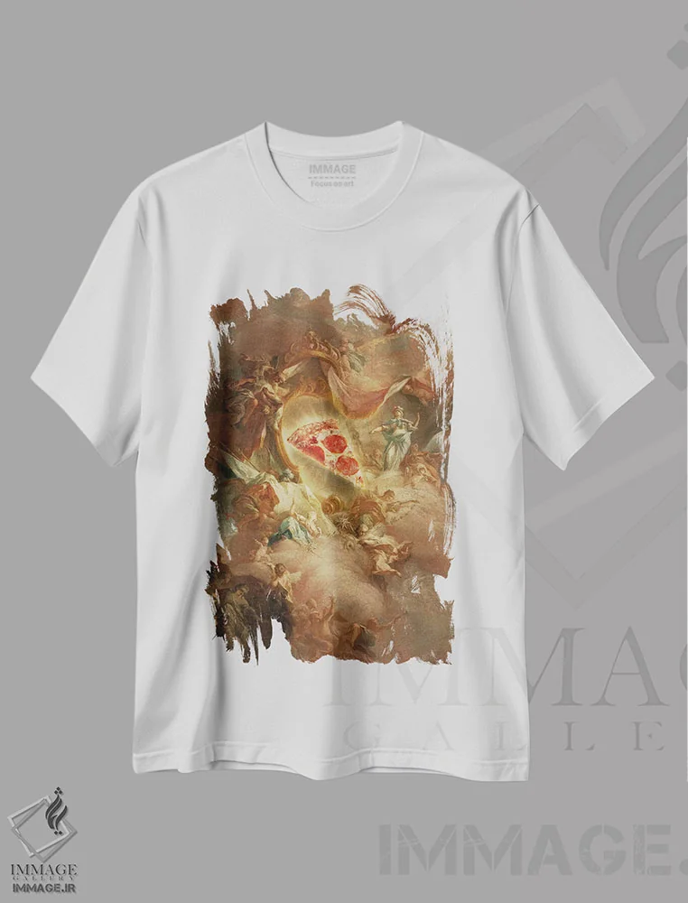 تیشرت سفید طرح دار – تیشرت طنز ,"پیتزای مقدس" اثر یوناس لوس فروشگاه ایماژ