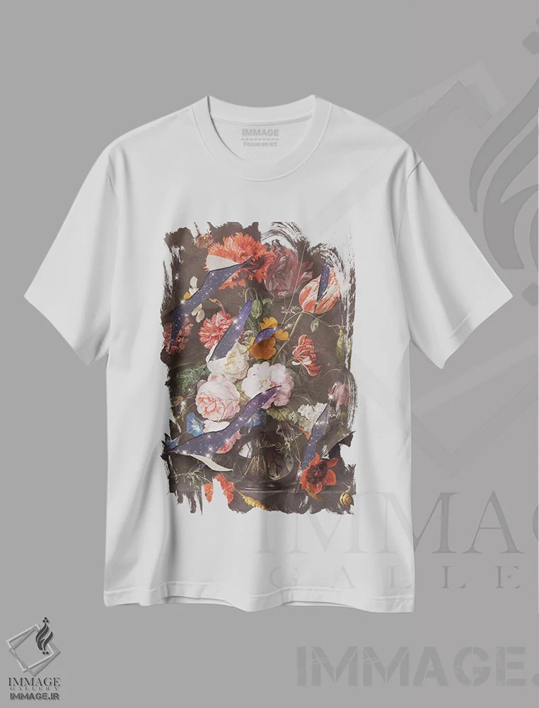 تیشرت سفید طرح دار – تیشرت هنری ,"گل های کهکشان" اثر یوناس لوس فروشگاه ایماژ
