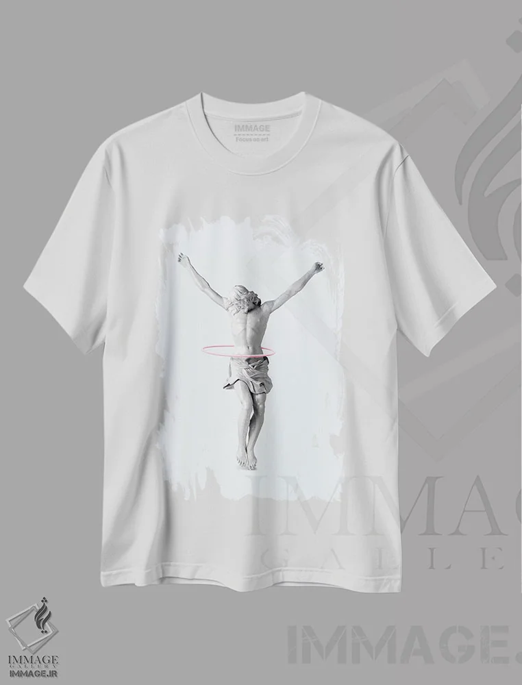 تیشرت سفید طرح دار – تیشرت طنز ,"عیسی با حلقه هولا" اثر یوناس لوس immage.ir