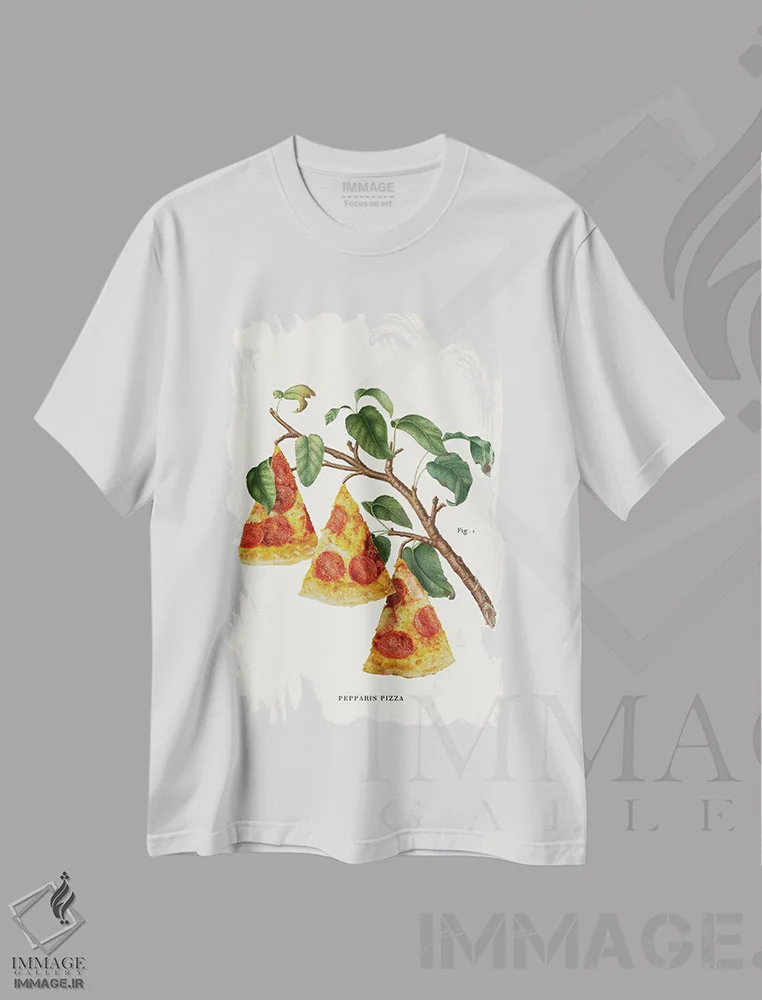 تیشرت سفید طرح دار – تیشرت طنز ,"کارخانه پیتزا" اثر یوناس لوس immage.ir