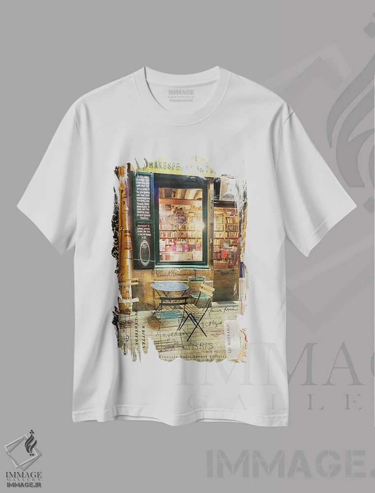 تیشرت سفید طرح دار – تیشرت هنری شهری ,"بیستروی پاریس II" اثر سندی لوید فروشگاه ایماژ