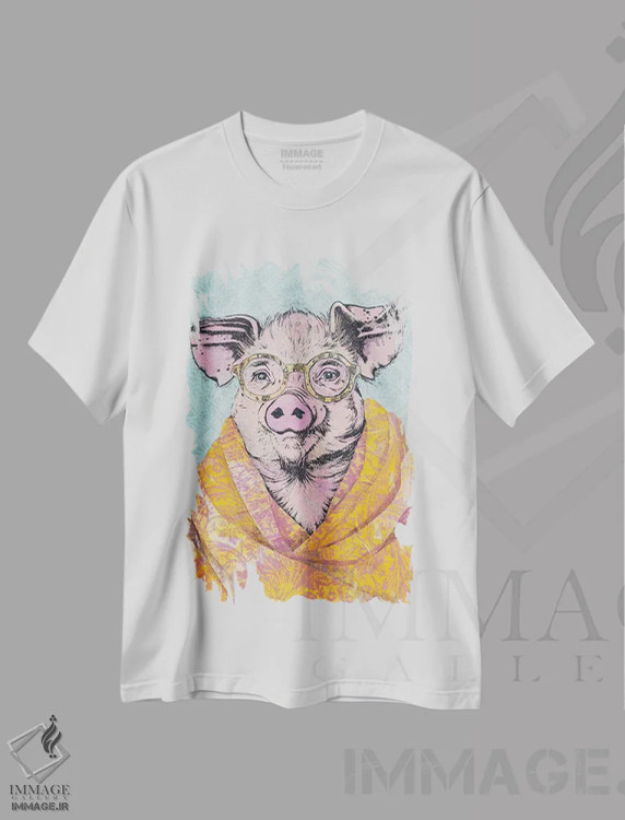 تیشرت سفید طرح دار – تیشرت طنز حیوانات ,"خوک در شال کشمیر" اثر شارلین لومیس فروشگاه ایماژ