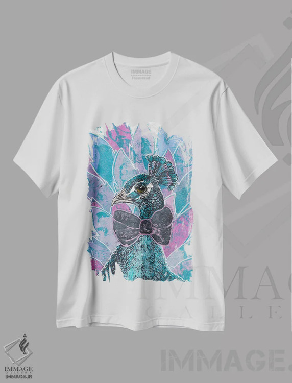 تیشرت سفید طرح دار – تیشرت هنری ,"شکوه طاووس" اثر شارلین لومیس immage.ir