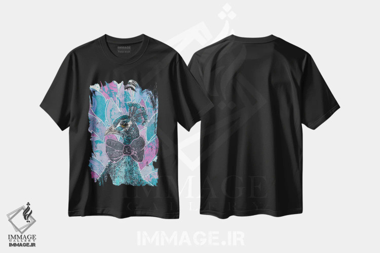 تیشرت مشکی طرح دار – تیشرت هنری ,"شکوه طاووس" اثر شارلین لومیس فروشگاه ایماژ