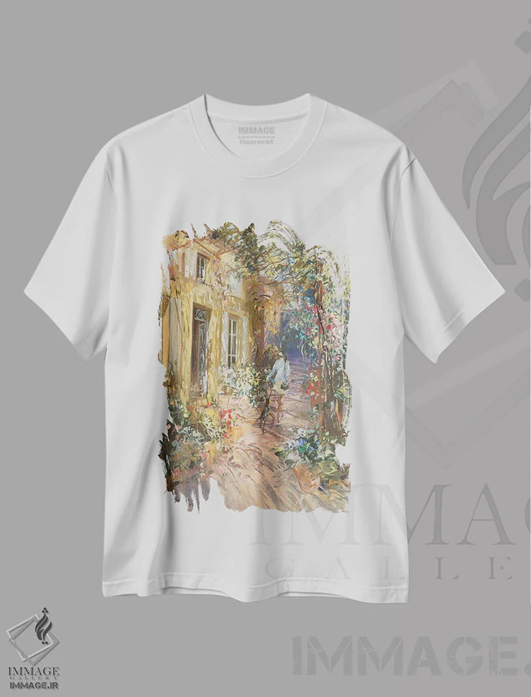 تیشرت سفید طرح دار – تیشرت طبیعت ,"سایبان گل" اثر لوران پارسلیه immage.ir