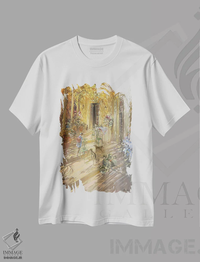 تیشرت سفید طرح دار – تیشرت طبیعت ,"ناهار زیر سایبان" اثر لوران پارسلیه immage.ir