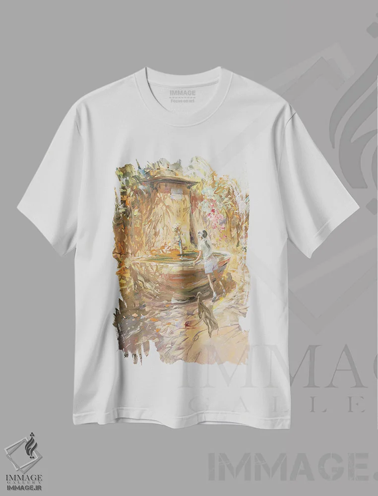 تیشرت سفید طرح دار – تیشرت طبیعت ,"چشمه کوچک" اثر لوران پارسلیه فروشگاه ایماژ