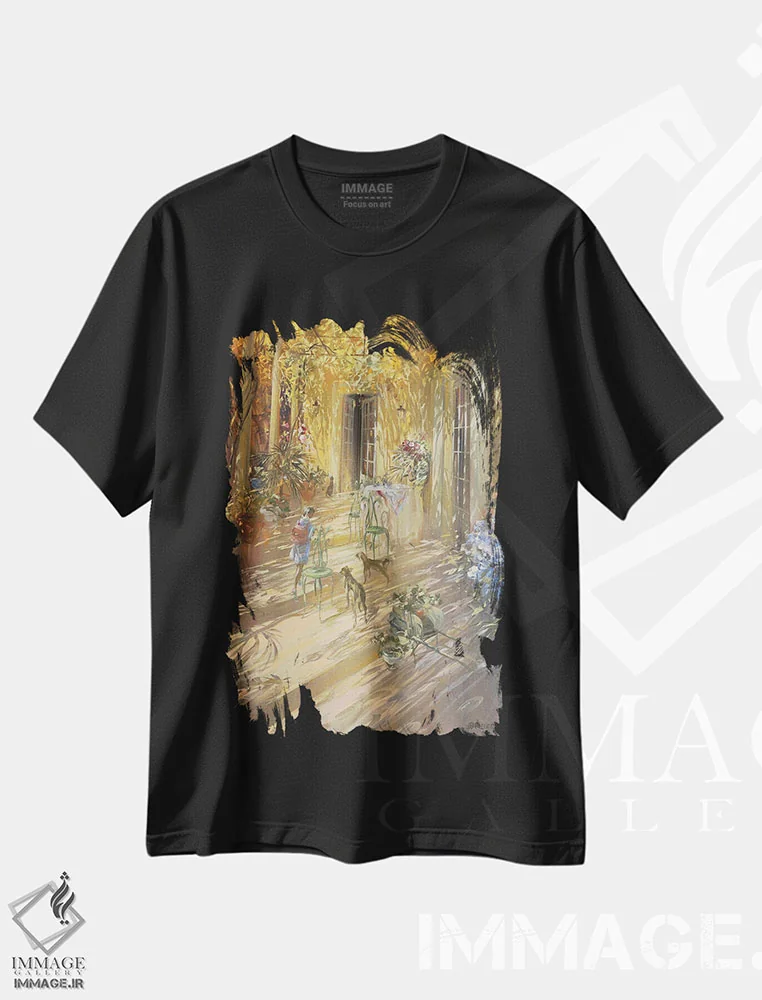تیشرت مشکی طرح دار – تیشرت طبیعت ,"ناهار زیر سایبان" اثر لوران پارسلیه فروشگاه ایماژ