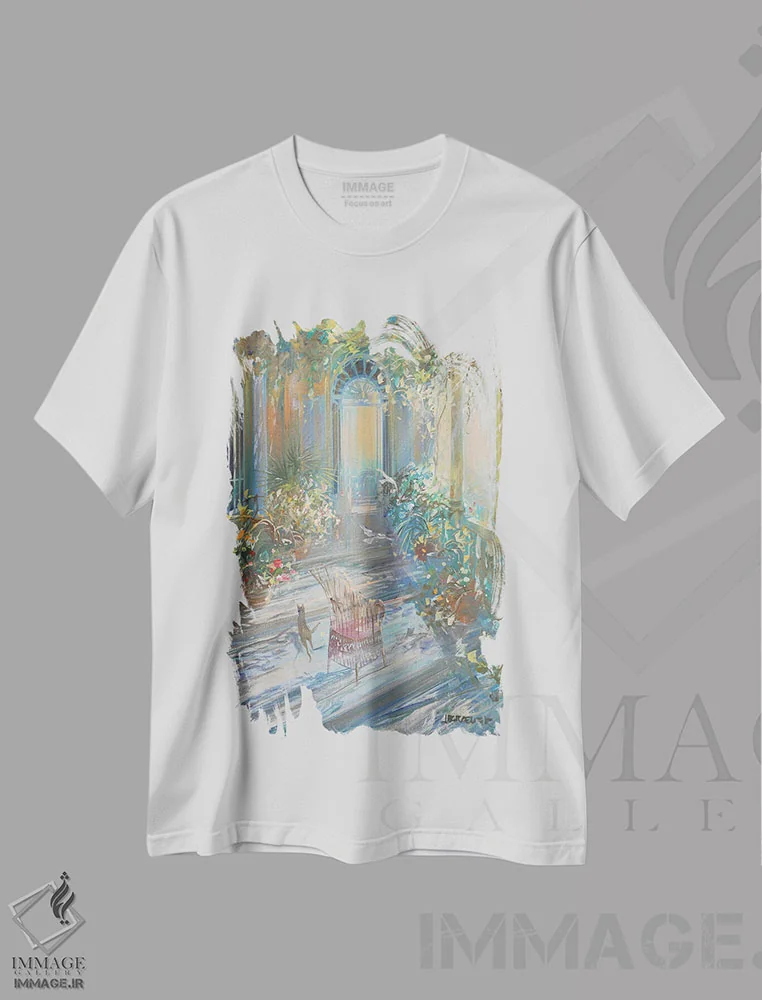 تیشرت سفید طرح دار – تیشرت هنری ,"نور روی تراس" اثر لوران پارسلیه فروشگاه ایماژ