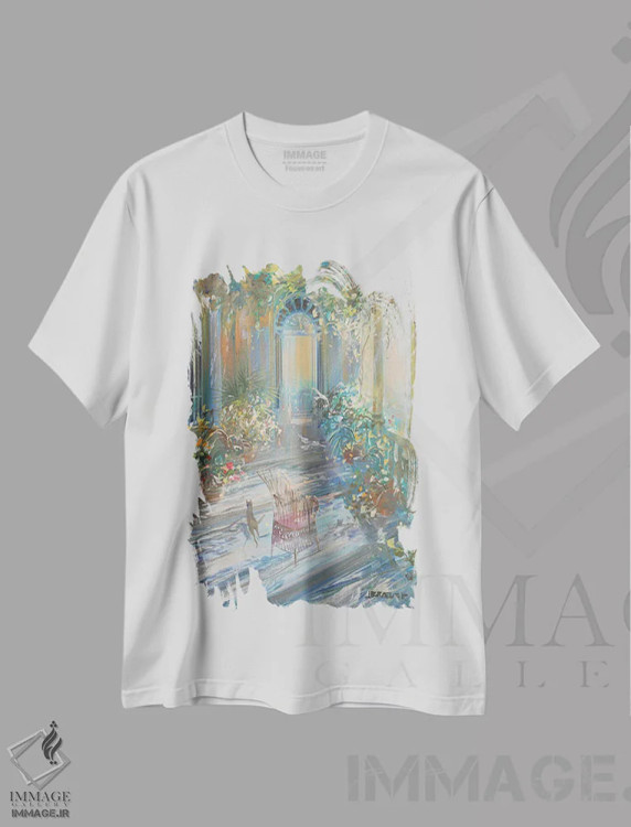 تیشرت سفید طرح دار – تیشرت هنری ,"نور روی تراس" اثر لوران پارسلیه فروشگاه ایماژ