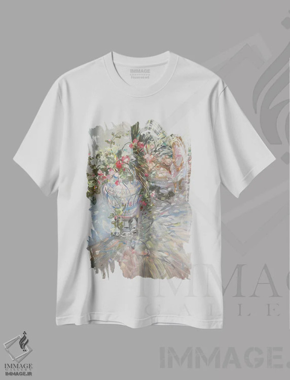 تیشرت سفید طرح دار – تیشرت طبیعت ,"در باغ" اثر لوران پارسلیه immage.ir
