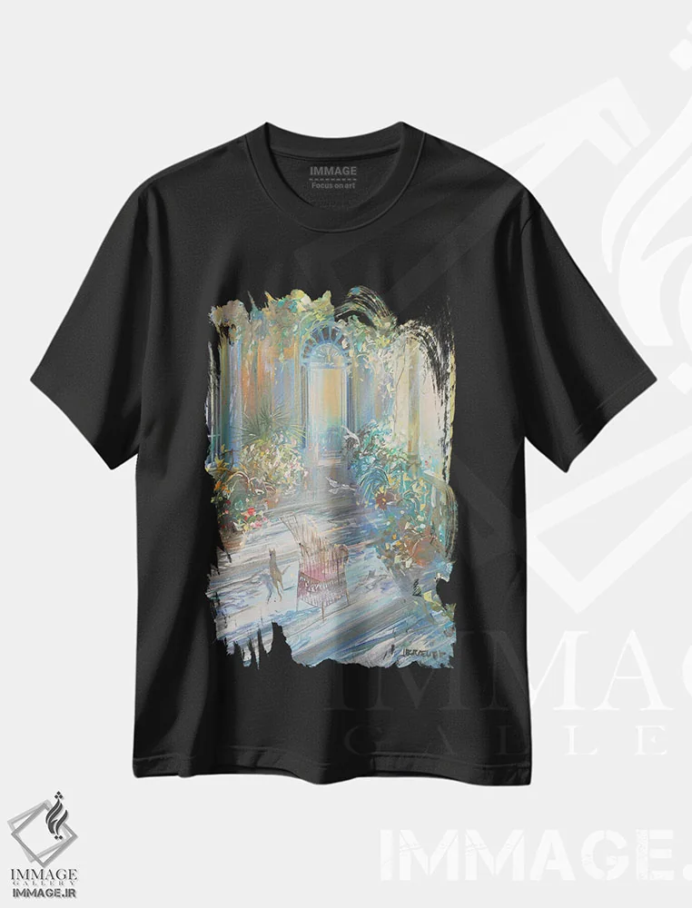 تیشرت مشکی طرح دار – تیشرت هنری ,"نور روی تراس" اثر لوران پارسلیه immage.ir