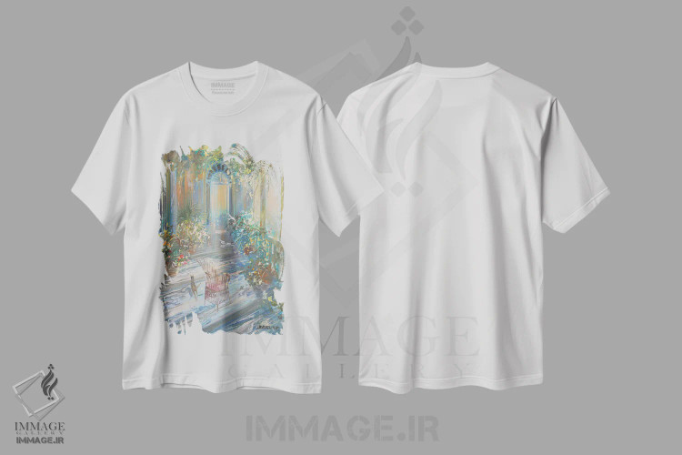 تیشرت سفید طرح دار – تیشرت هنری ,"نور روی تراس" اثر لوران پارسلیه فروشگاه ایماژ