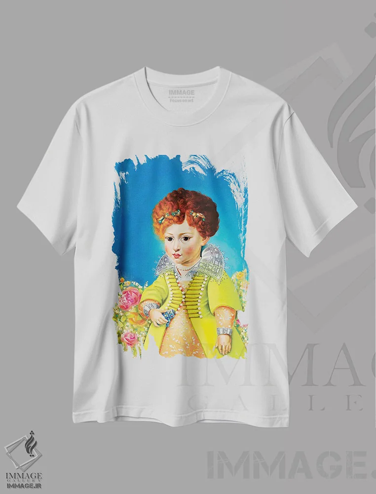 تیشرت سفید طرح دار – تیشرت فانتزی ,النا گونزاگا با ربات قلع اثر لیوا پاکالنه فانلی immage.ir