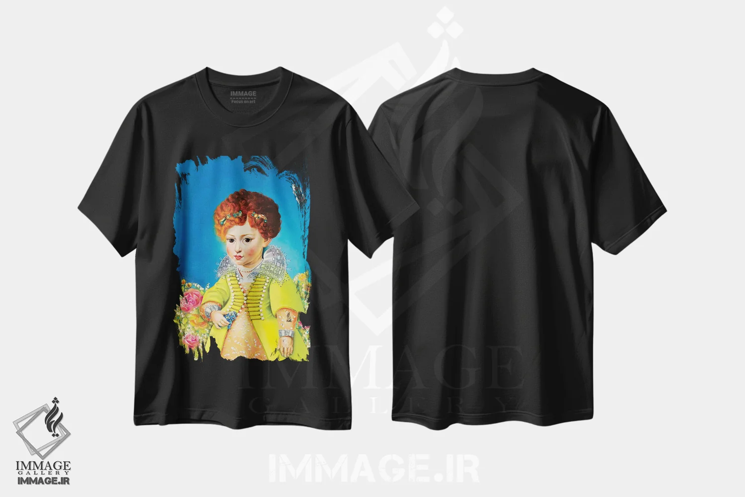 تیشرت مشکی طرح دار – تیشرت فانتزی ,النا گونزاگا با ربات قلع اثر لیوا پاکالنه فانلی فروشگاه ایماژ