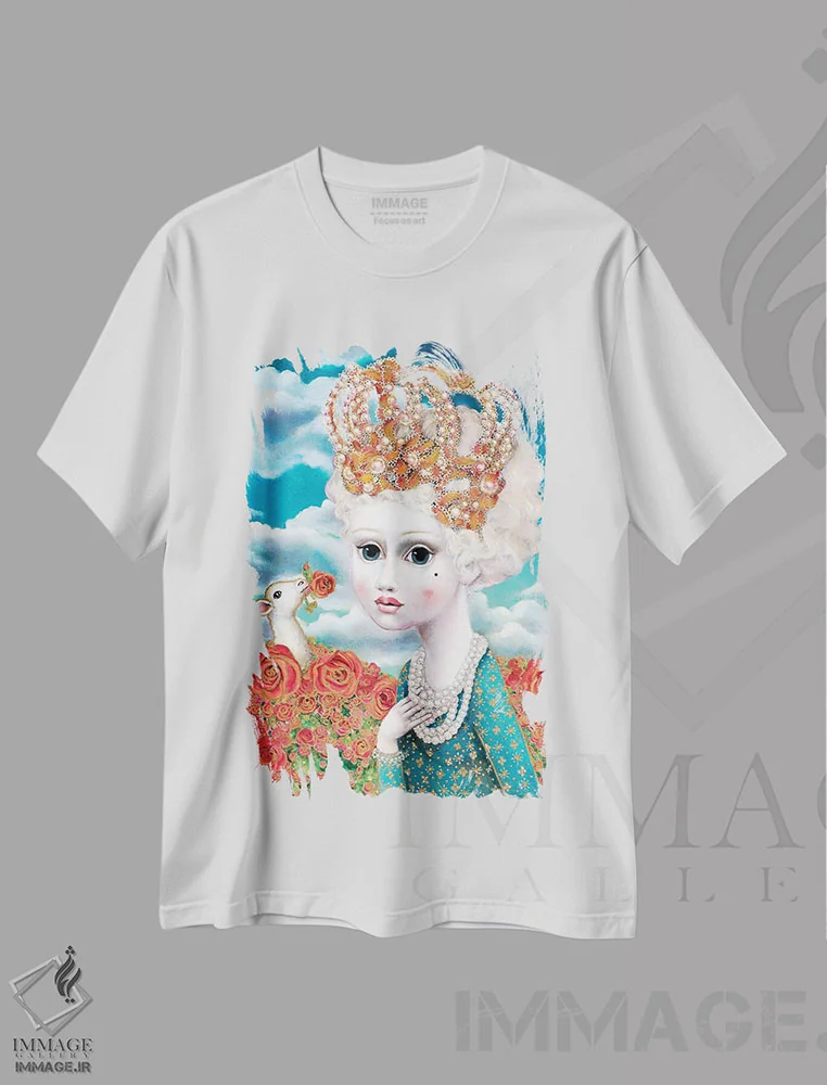 تیشرت سفید طرح دار – تیشرت هنری ,دختری با تاج اثر لیوا پاکالنه فانلی immage.ir
