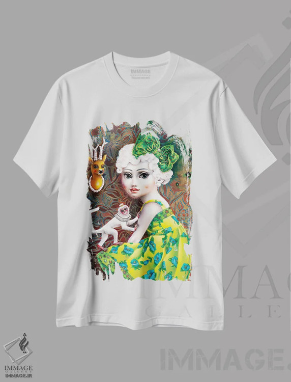 تیشرت سفید طرح دار – تیشرت هنری ,دختری با میمون سفید اثر لیوا پاکالنه فانلی فروشگاه ایماژ