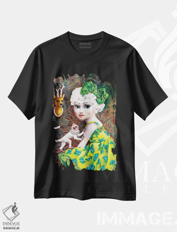 تیشرت مشکی طرح دار – تیشرت هنری ,دختری با میمون سفید اثر لیوا پاکالنه فانلی immage.ir