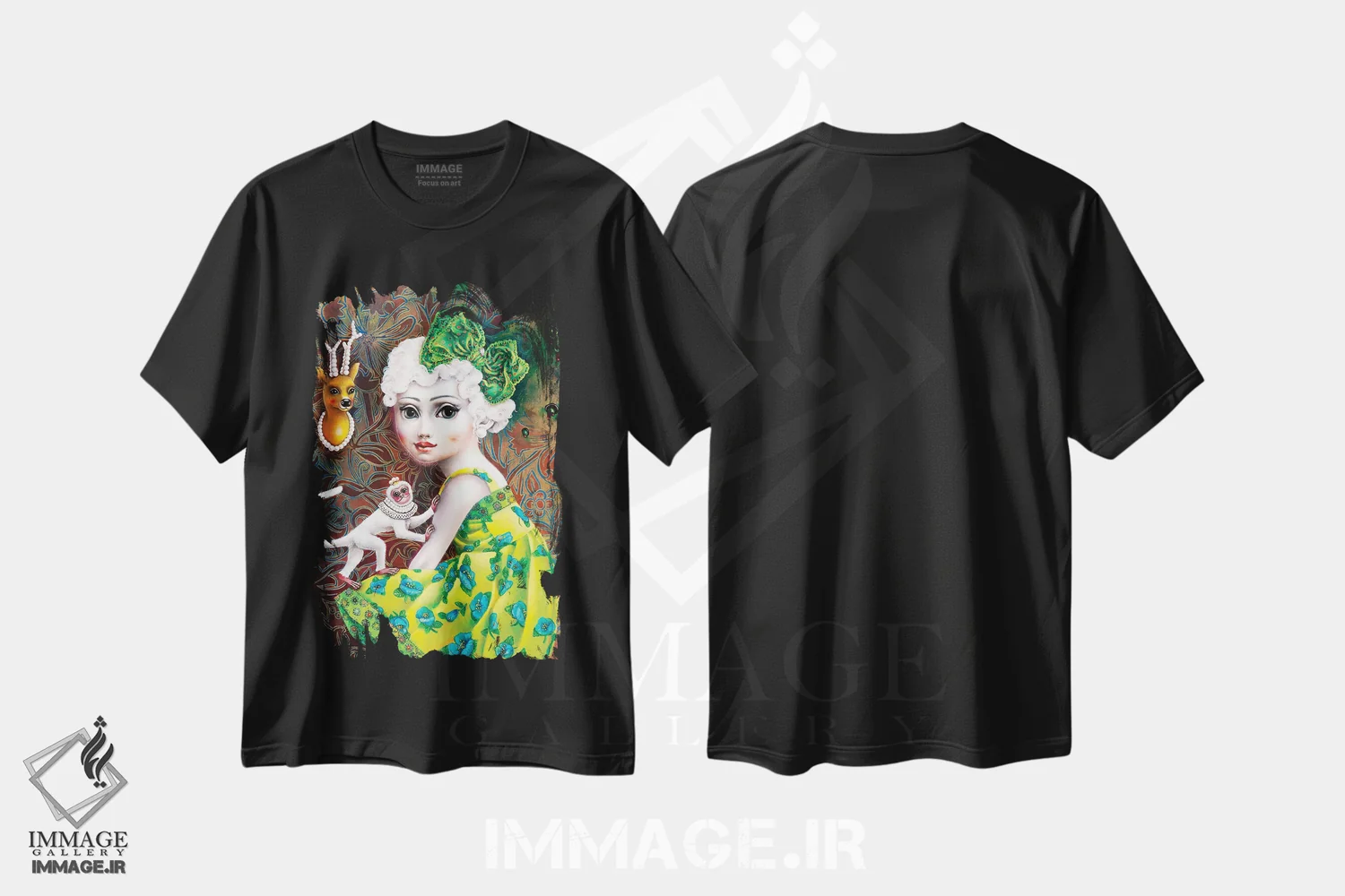 تیشرت مشکی طرح دار – تیشرت هنری ,دختری با میمون سفید اثر لیوا پاکالنه فانلی immage.ir