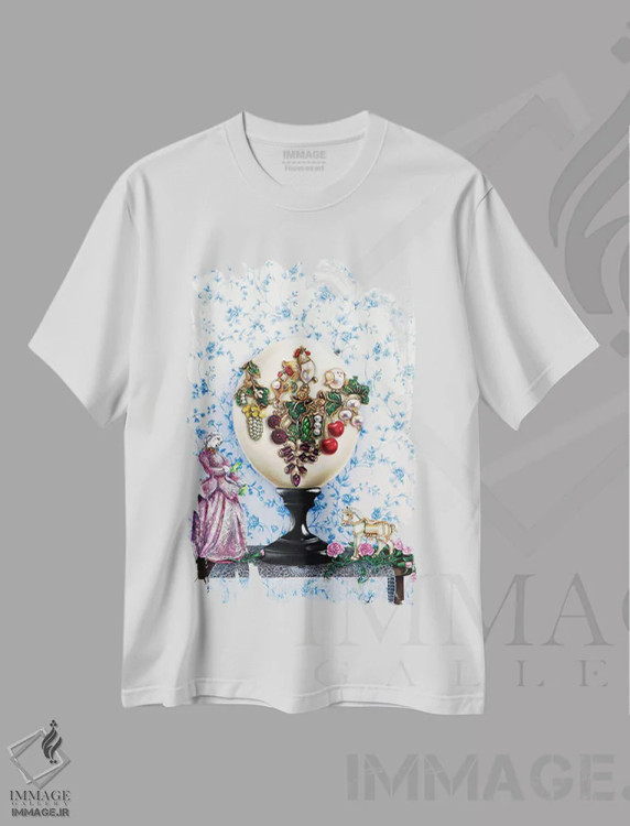 تیشرت سفید طرح دار – تیشرت هنری ,تخم مرغ جواهر اثر لیوا پاکالنه فانلی فروشگاه ایماژ