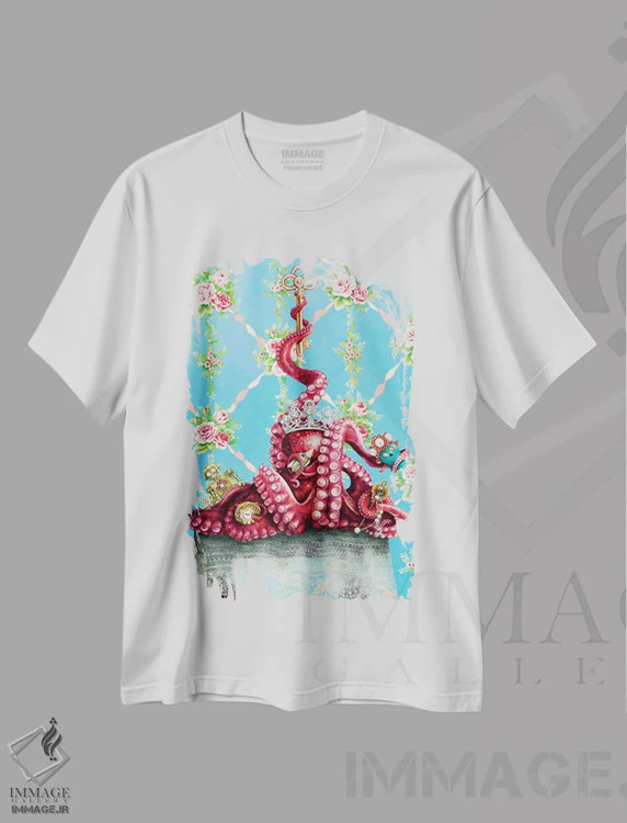 تیشرت سفید طرح دار – تیشرت دریایی ,اختاپوس اثر لیوا پاکالنه فانلی immage.ir