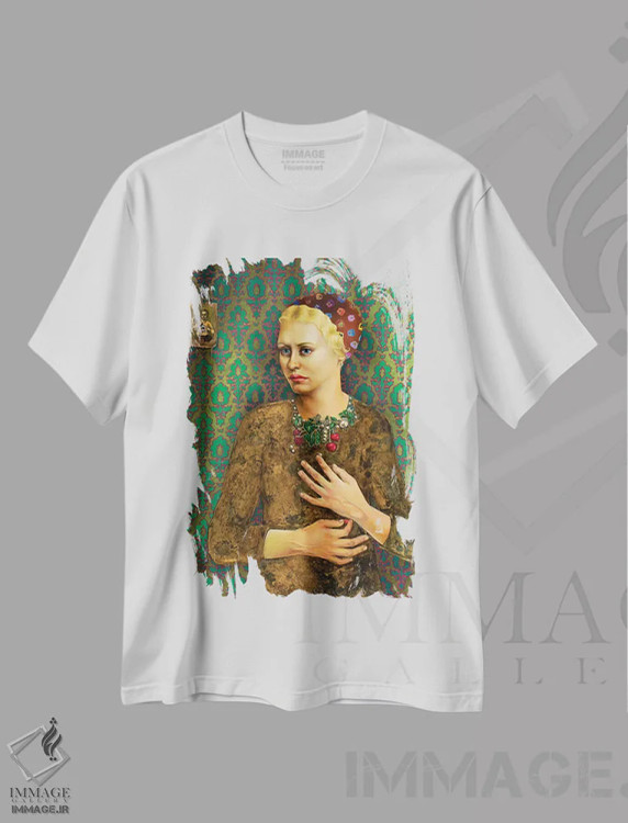 تیشرت سفید طرح دار – تیشرت هنری ,دختری با گردنبند باروک اثر لیوا پاکالنه فانلی فروشگاه ایماژ