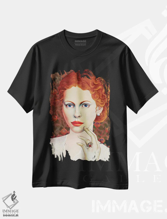 تیشرت مشکی طرح دار – تیشرت هنری زنانه ,دختری با انگشتر زنبور اثر لیوا پاکالنه فانلی فروشگاه ایماژ